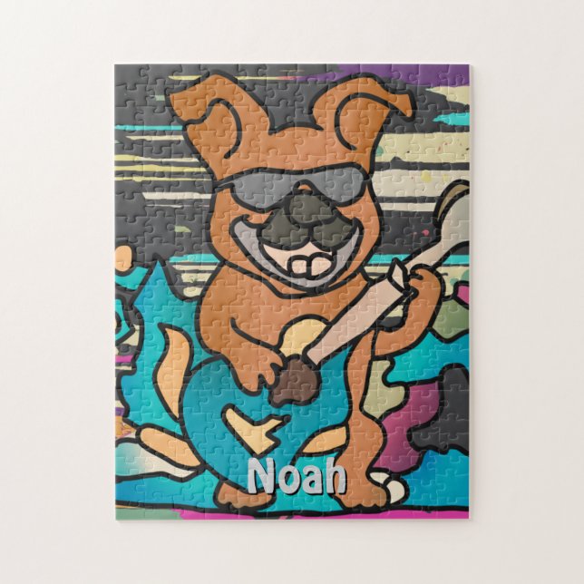 Street Retro Dog with Guitar | Funny Jigsaw Puzzle (Vertical)