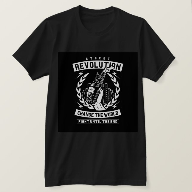 Street Revolution T-Shirt (A black t-shirt with a white graphic design on the front. )