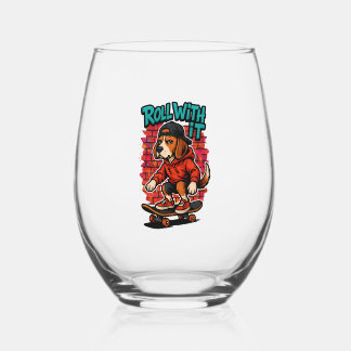 Street Style Beagle Skateboarding Graffiti Art Stemless Wine Glass