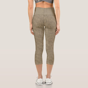Street style faux linen pattern light brown casual capri leggings