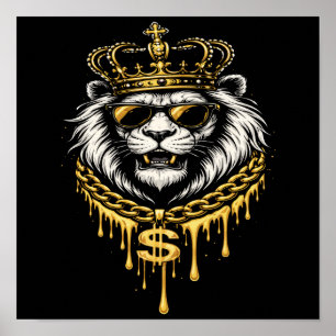 Street Style Fierce Lion With Crown and Chain Poster