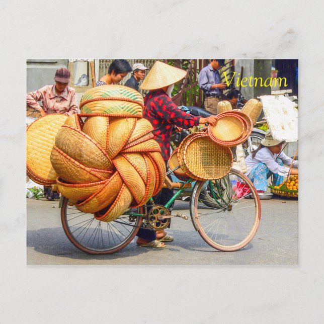 Street vendor on bicycle selling basketware postcard (Front)