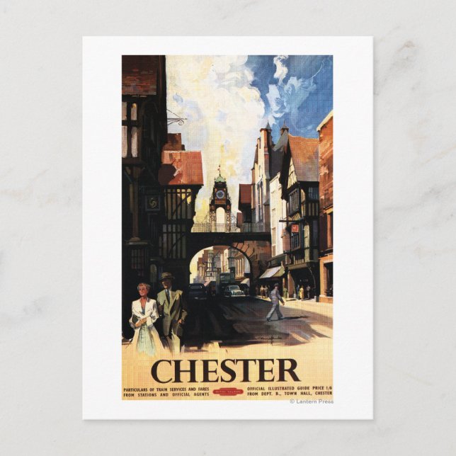 Street View with Couple & Tower Clock Rail Postcard (Front)