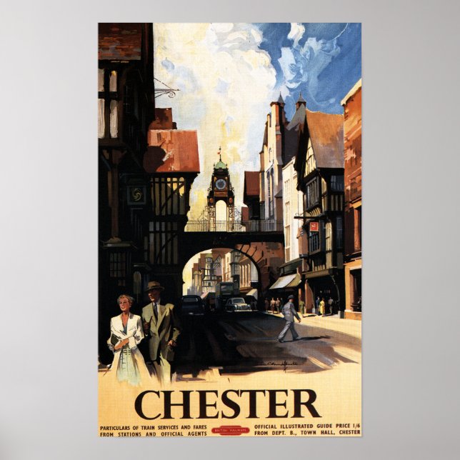 Street View with Couple & Tower Clock Rail Poster (Front)