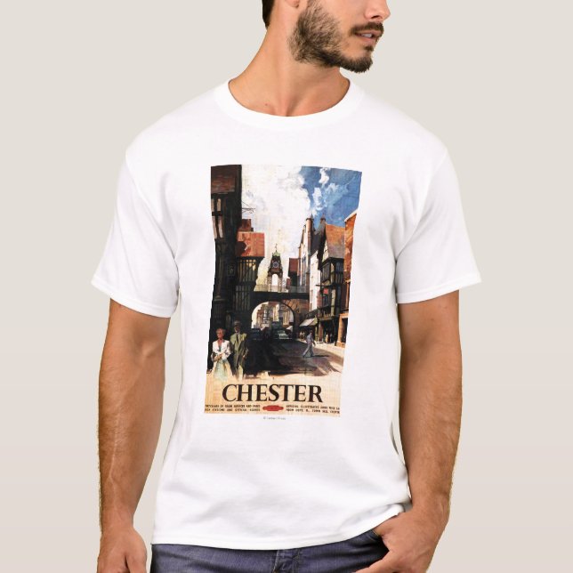 Street View with Couple & Tower Clock Rail T-Shirt (Front)