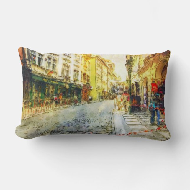 Streets of Old Prague watercolor Lumbar Cushion (Front)