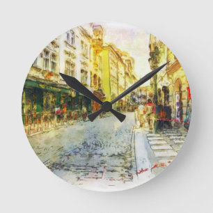 Streets of Old Prague watercolor Round Clock