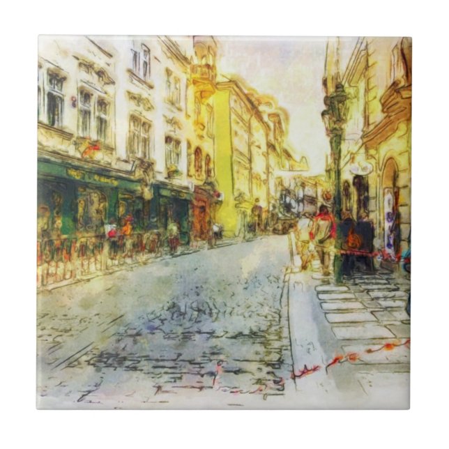 Streets of Old Prague watercolor Tile (Front)