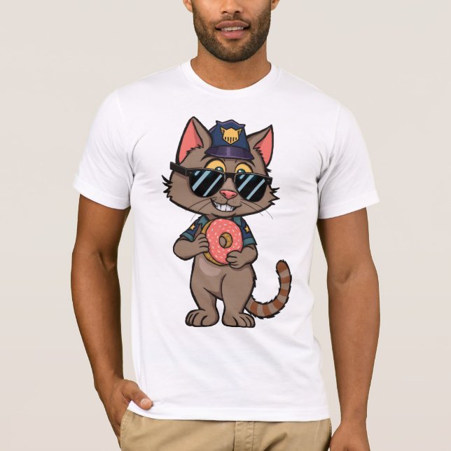 Streetwise Police Cat – 90s Cartoon Doughnut Cop T-Shirt (Front)