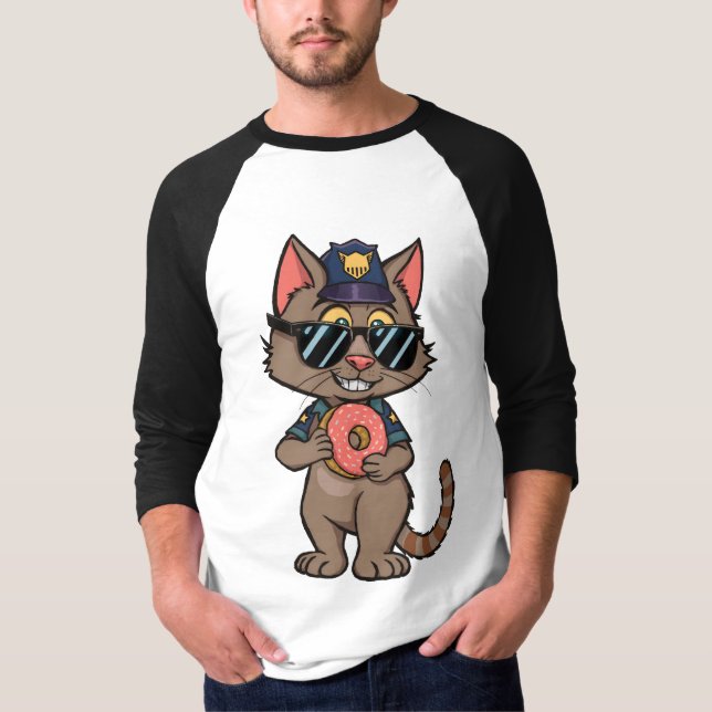 Streetwise Police Cat – 90s Cartoon Doughnut Cop T-Shirt (Front)