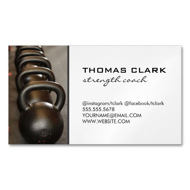 Strength Coach | Kettle Bells | Weights Magnetic Business Card (Front)