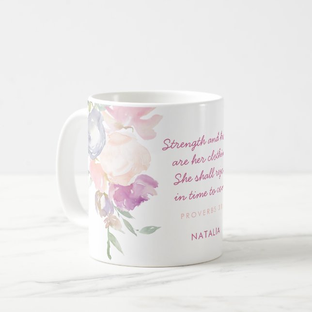 Strength & Honour Proverbs 31 Pastel Floral Coffee Mug (Front Left)