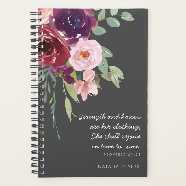 Strength & Honour Proverbs 31 Pink and Grey Floral Planner (Front)