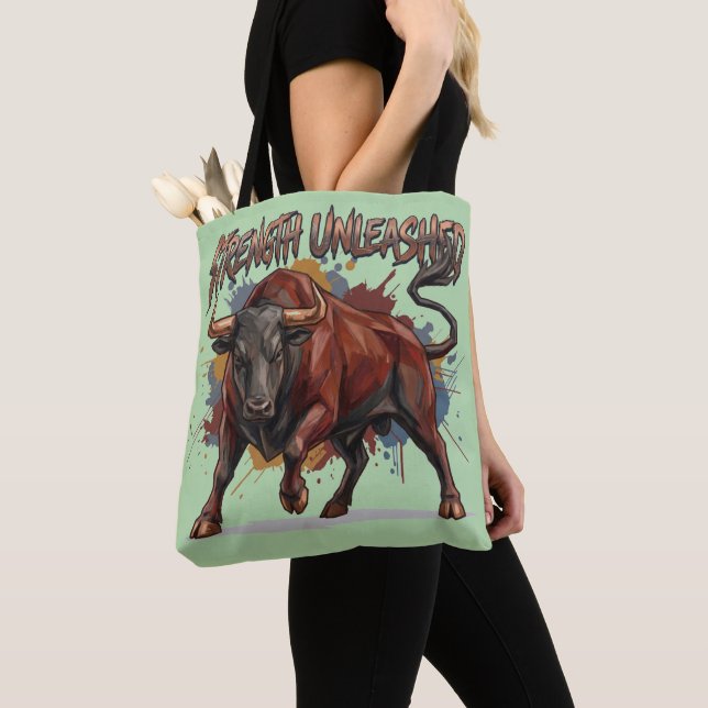 Strength Unleashed Charging Bull Graphic Design Tote Bag (Close Up)