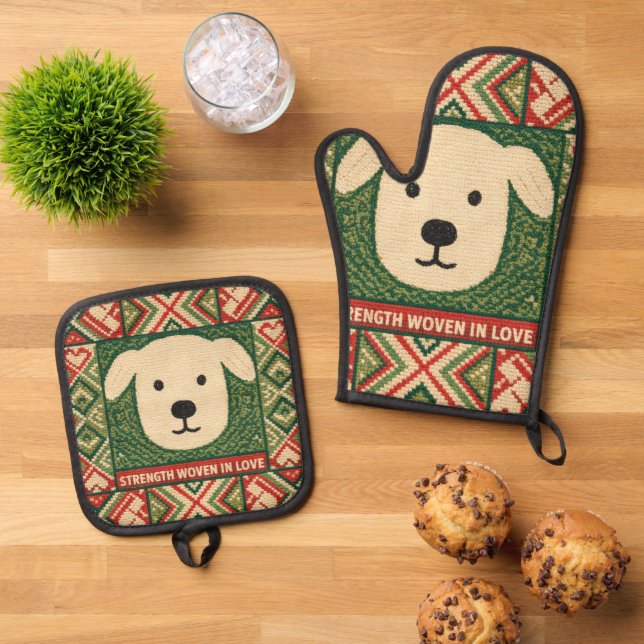 Strength Woven in Love – Meaningful Typography Oven Mitt & Pot Holder Set (Top Down)