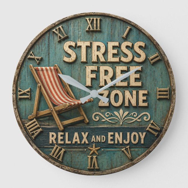 Stress Free Zone Rustic Coastal Beach House Decor Large Clock (Front)