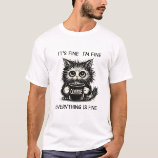 Stressed Coffee Cat – Everything Is Fine Humor T-Shirt