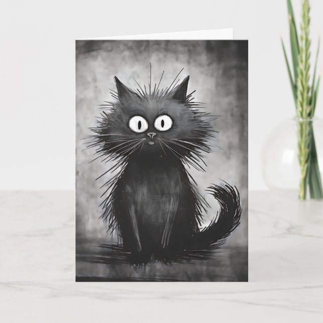 Stressed Scruffy Cat Thinking of You Card (Front)