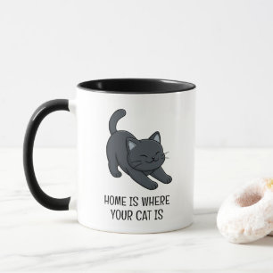 Stretching Black Cat Custom Text Mug