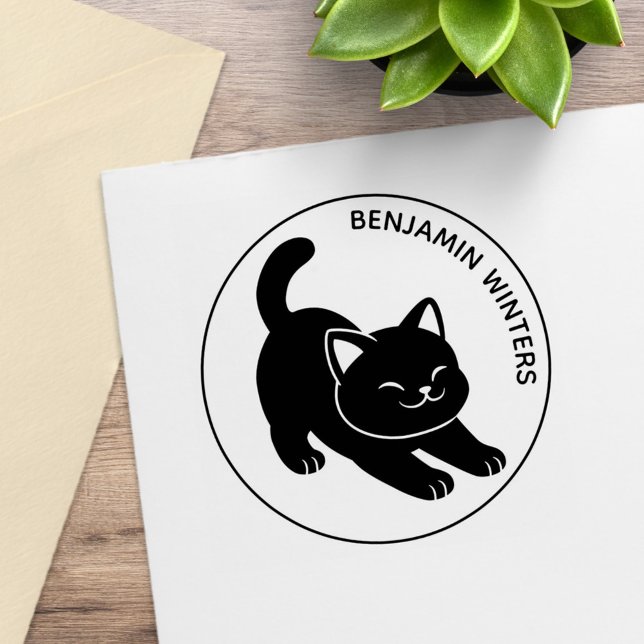 Stretching Black Cat Custom Text Rubber Stamp (Creator Uploaded)