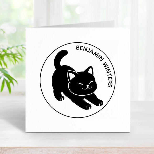 Stretching Black Cat Custom Text Rubber Stamp (Creator Uploaded)