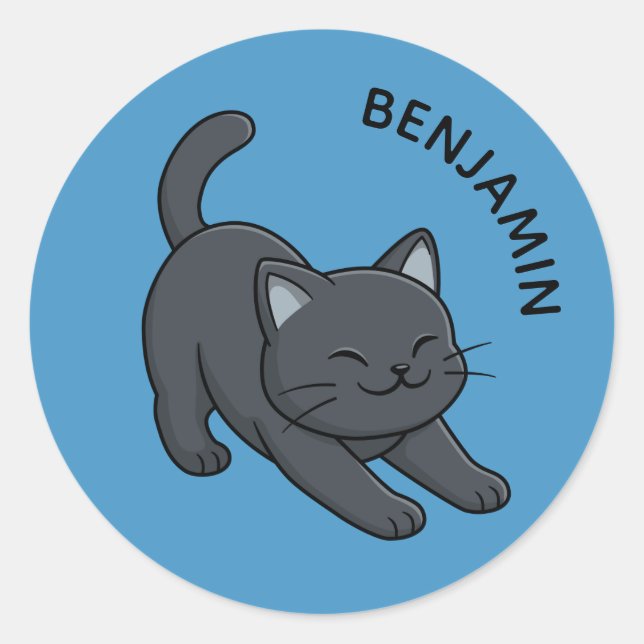Stretching Black Cat on Blue Custom Name Classic Round Sticker (Front)