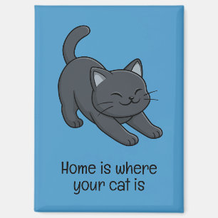 Stretching Black Cat on Blue Custom Text Magnet