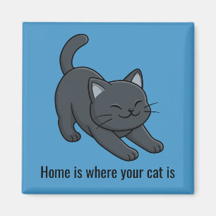 Stretching Black Cat on Blue Custom Text Magnet