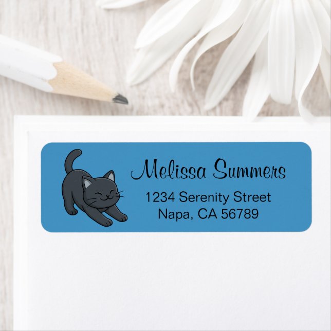 Stretching Black Cat on Blue  Return Address Label (Insitu)