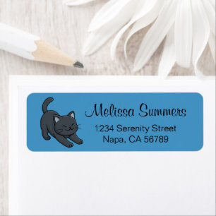Stretching Black Cat on Blue  Return Address Return Address Label