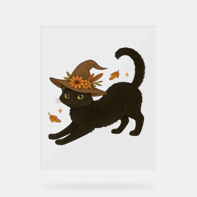 Stretching Black Cat – Witchy Autumn Classic T-Shi Acrylic Sign (Front)