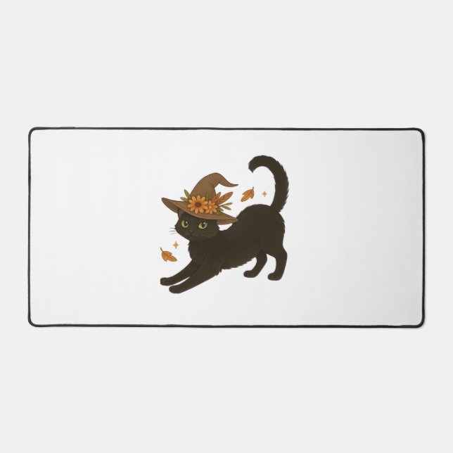 Stretching Black Cat – Witchy Autumn Classic T-Shi Desk Mat (Front)