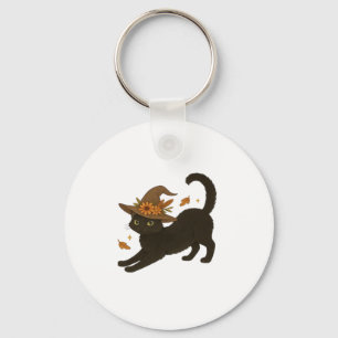 Stretching Black Cat � Witchy Autumn Classic T-Shi Key Ring
