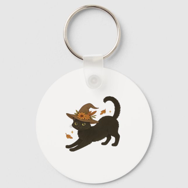 Stretching Black Cat � Witchy Autumn Classic T-Shi Key Ring (Front)