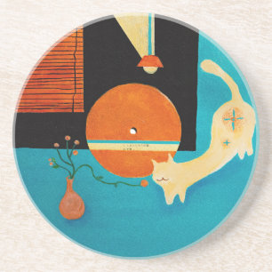 Stretching Cat Retro Record Illustration Coaster