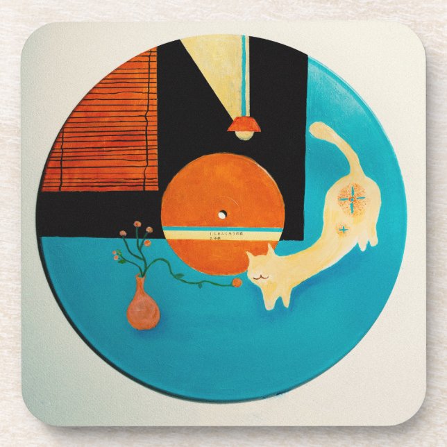 Stretching Cat Retro Record Illustration Coaster (Front)