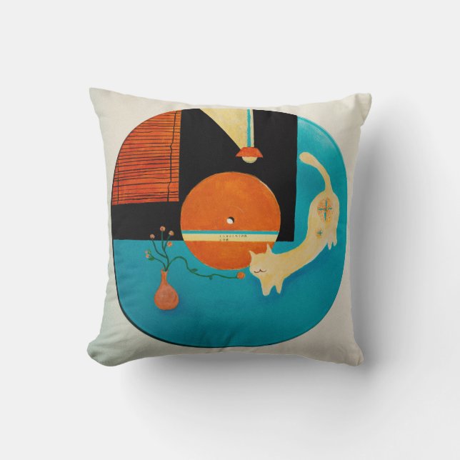 Stretching Cat Retro Record Illustration Cushion (Front)