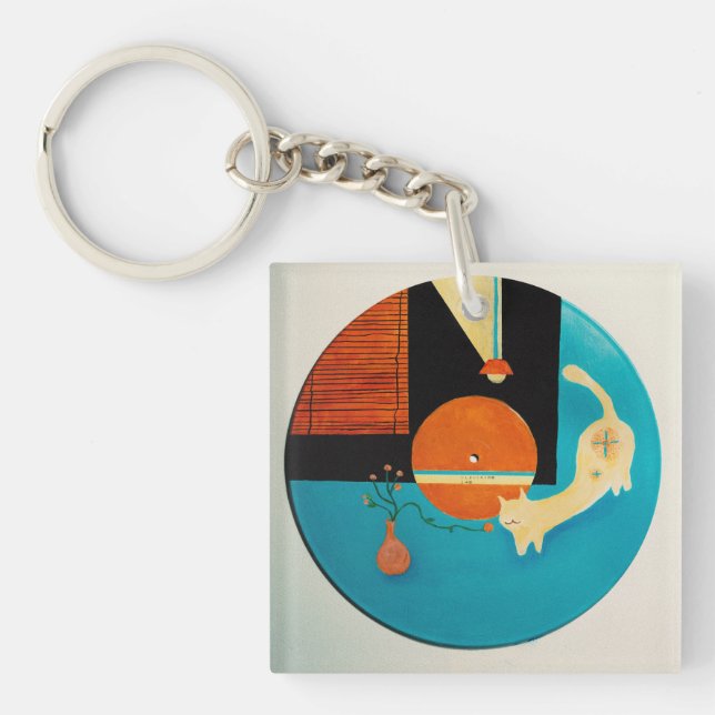 Stretching Cat Retro Record Illustration Key Ring (Front)