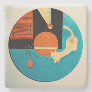 Stretching Cat Retro Record Illustration Stone Coaster