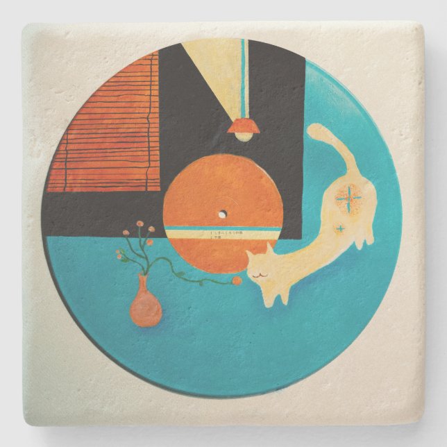 Stretching Cat Retro Record Illustration Stone Coaster (Front)