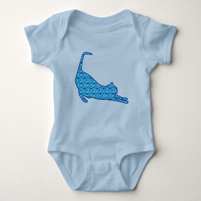 Stretching Cat Silhouette in a Blue Lotus Pattern Baby Bodysuit (Front)
