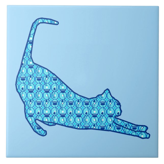 Stretching Cat Silhouette in a Blue Lotus Pattern Ceramic Tile (Front)