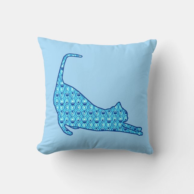 Stretching Cat Silhouette in a Blue Lotus Pattern Cushion (Front)