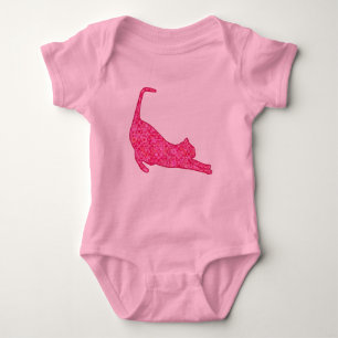 Stretching Cat Silhouette in Fuchsia Pink Batik Baby Bodysuit
