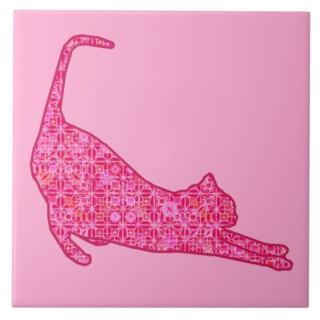 Stretching Cat Silhouette in Fuchsia Pink Batik Ceramic Tile (Front)