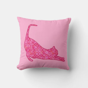 Stretching Cat Silhouette in Fuchsia Pink Batik Cushion