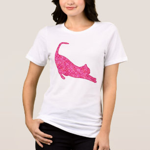 Stretching Cat Silhouette in Fuchsia Pink Batik Tri-Blend Shirt
