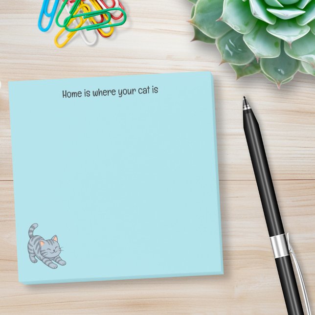 Stretching Grey Tabby Cat Blue Custom Text Post-it Notes (Creator Uploaded)