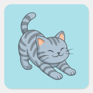 Stretching Grey Tabby Cat Blue Square Sticker