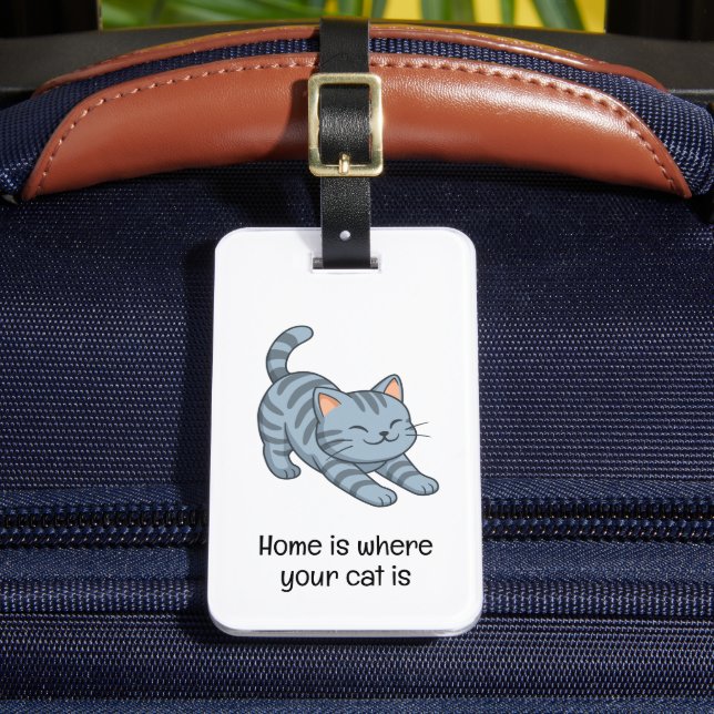 Stretching Grey Tabby Cat Custom Text Luggage Tag (Front Insitu 2)